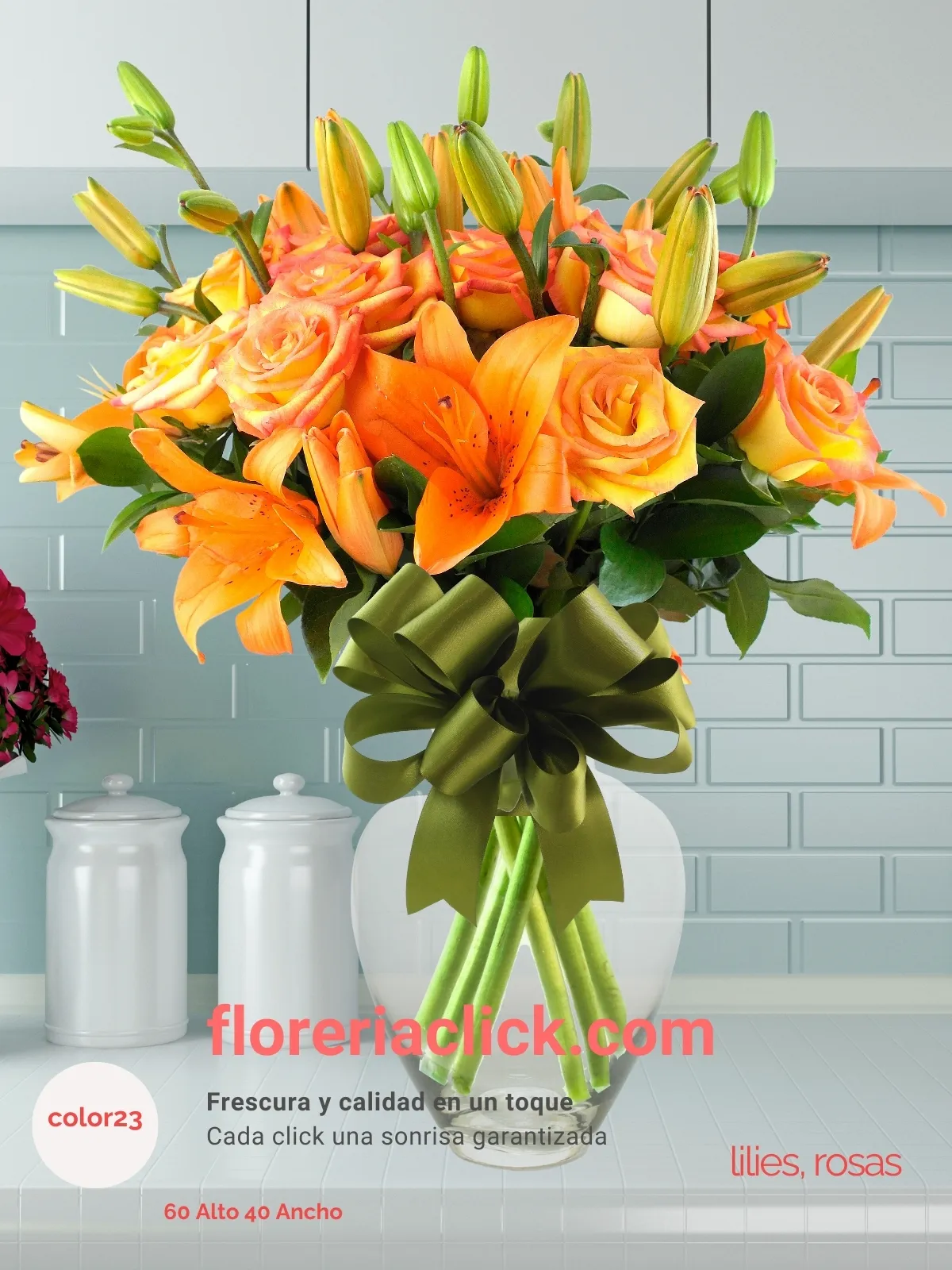 Arreglo floral cálido con lilies y rosas frescas