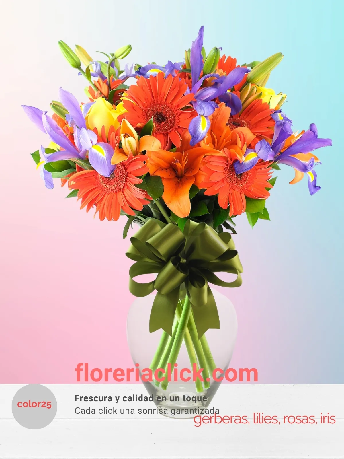 Bouquet de 43 flores en tonos pastel: gerberas, iris, lilies y rosas