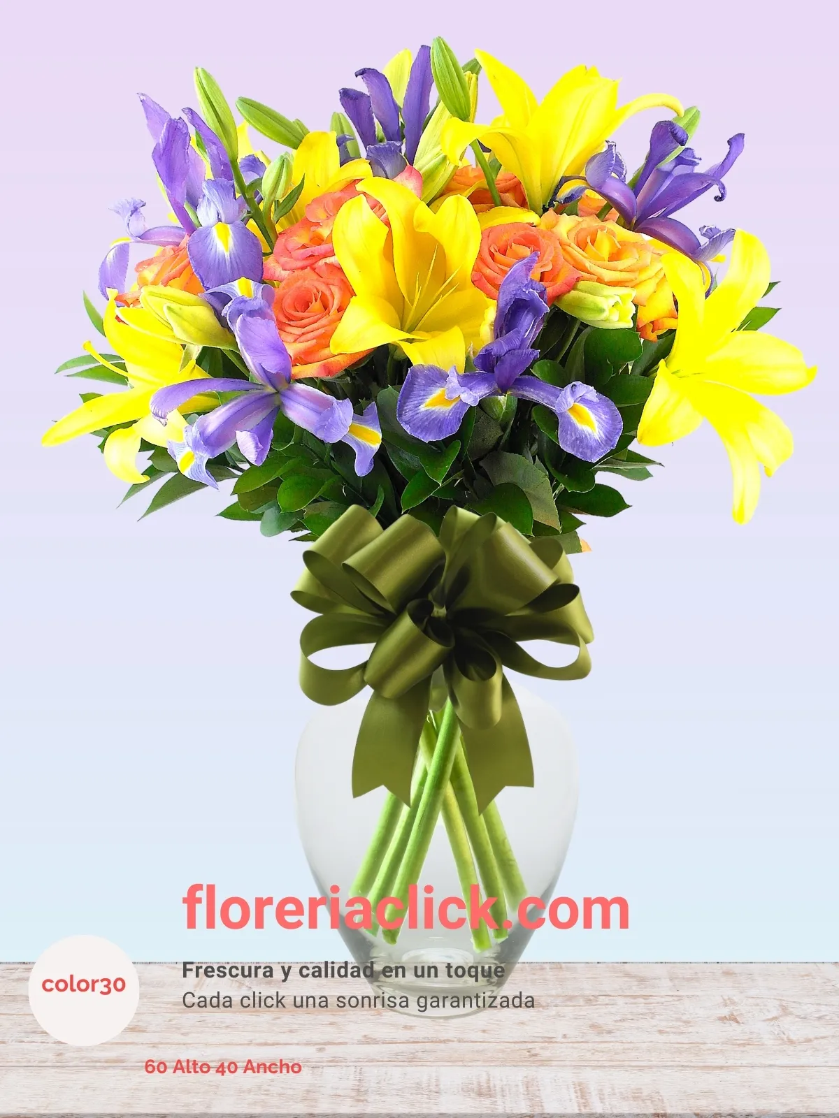 Arreglo Floral “Belleza Natural” – 35 Flores de Iris, Lilies y Rosas Frescas