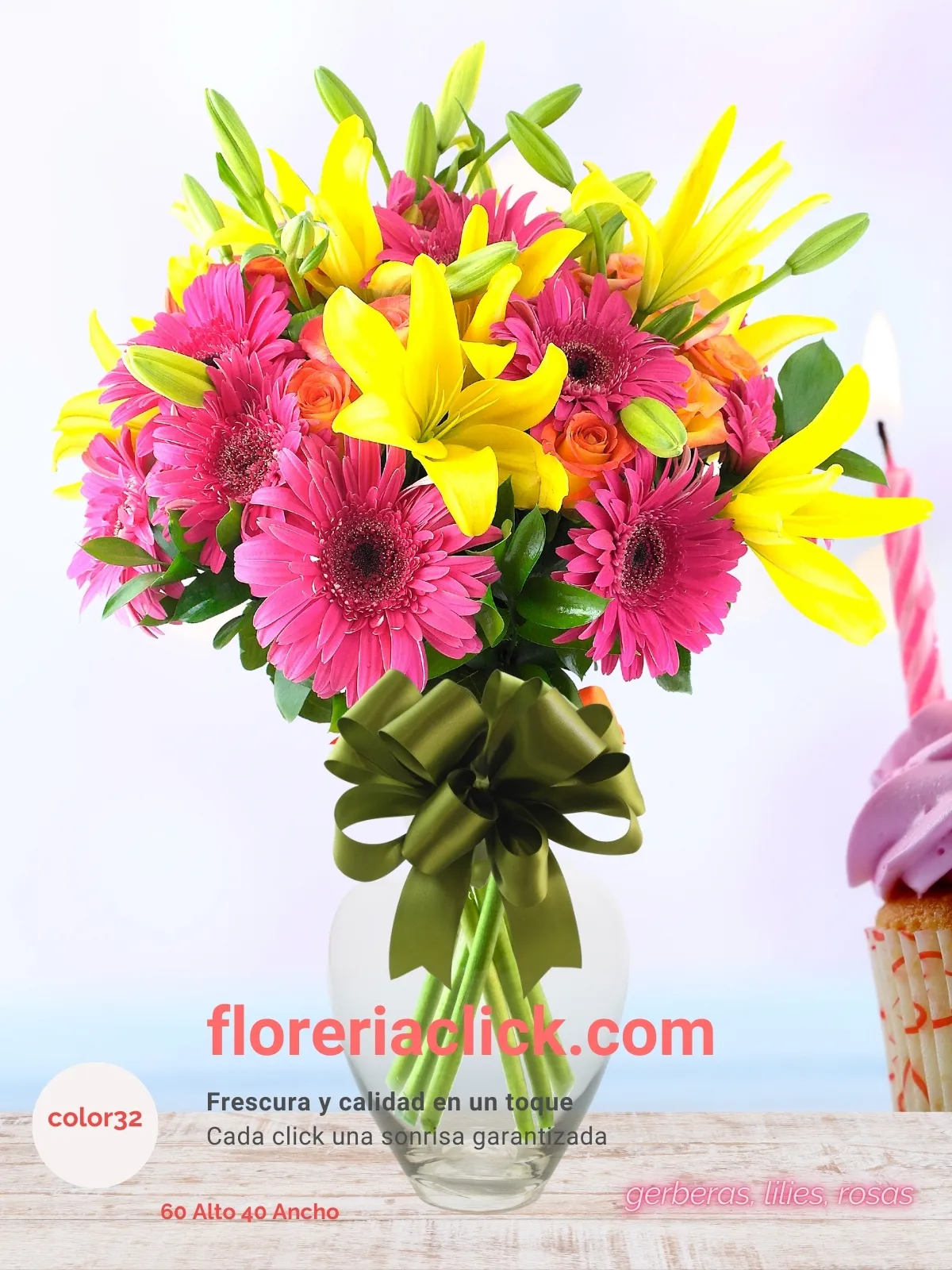 Bouquet de 33 flores frescas en tonos vibrantes: gerberas, lilies y rosas.