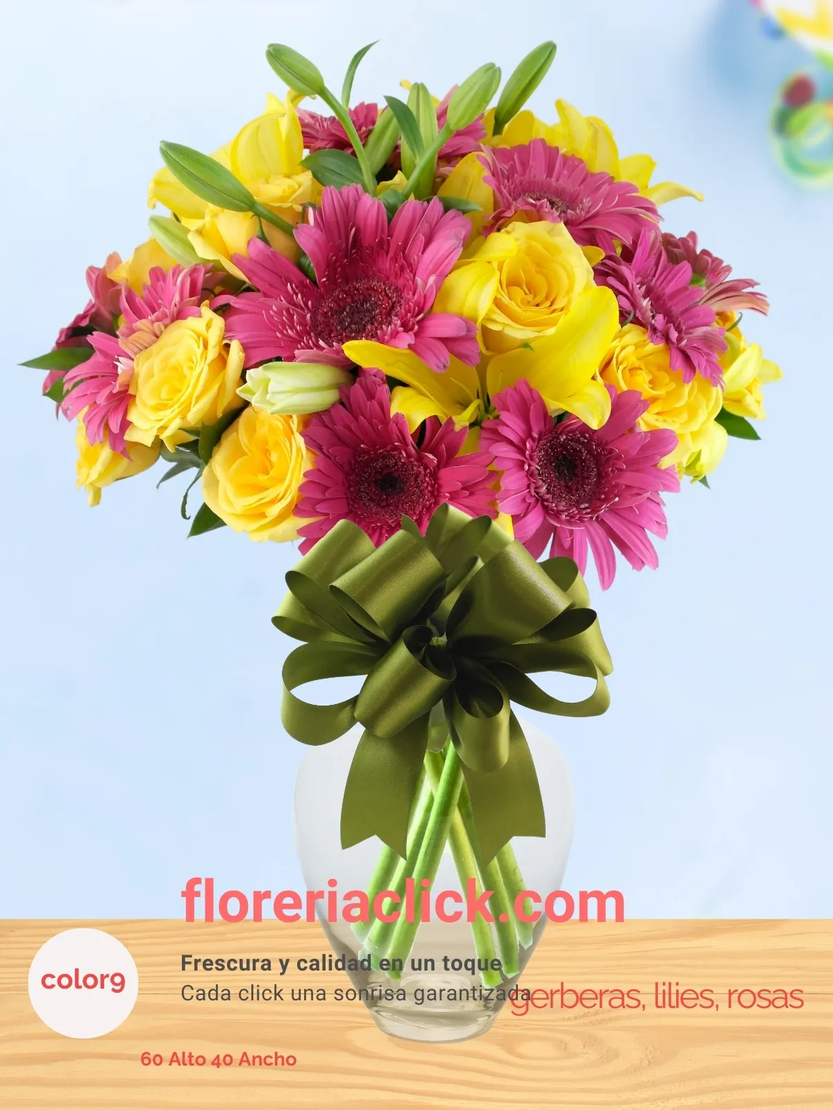 Arreglo floral “Alegría de colores” con 33 flores, rosas, lilies, gerberas.