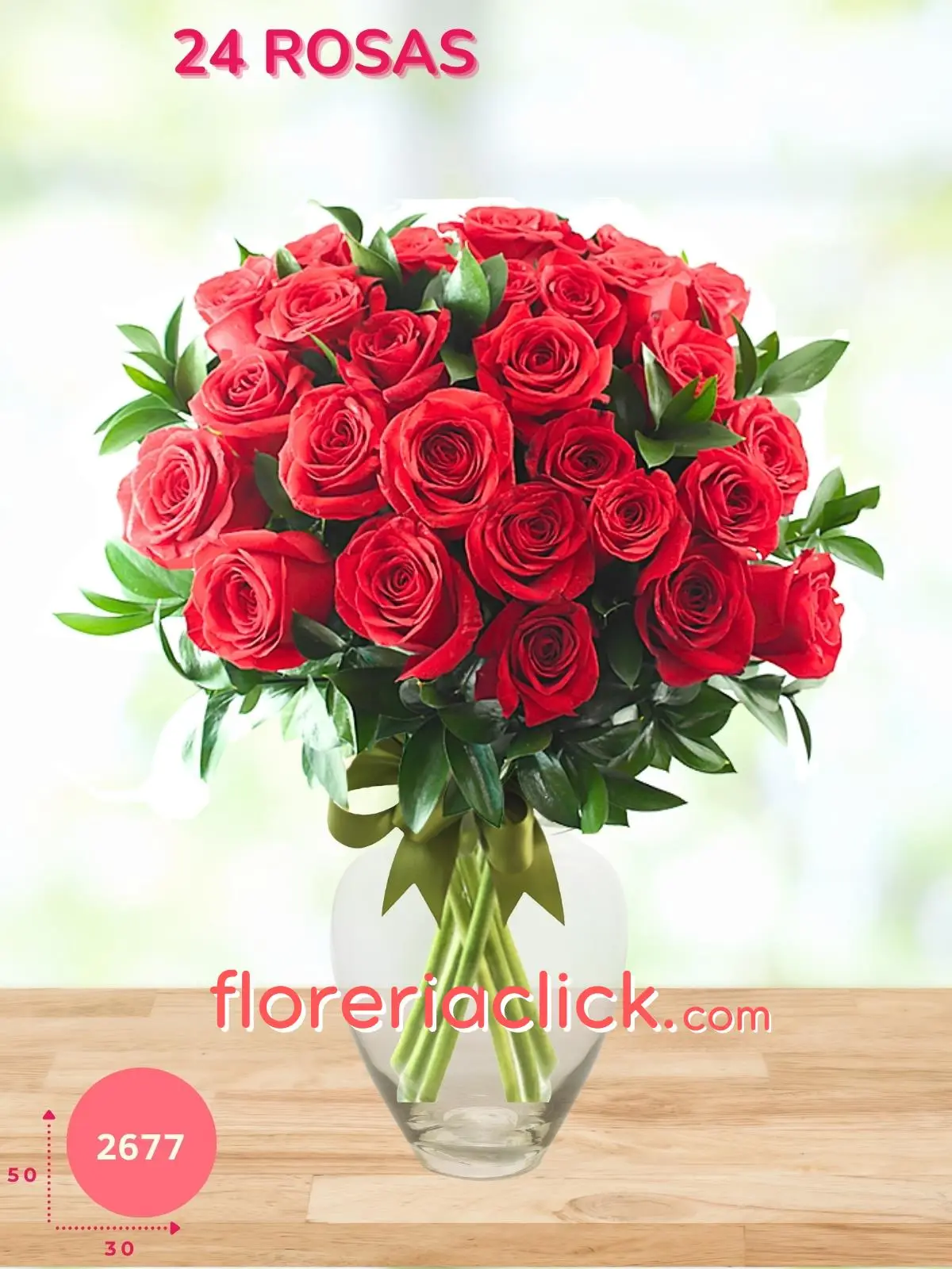 Arreglo Floral de 24 Rosas Rojas en Florero de Vidrio