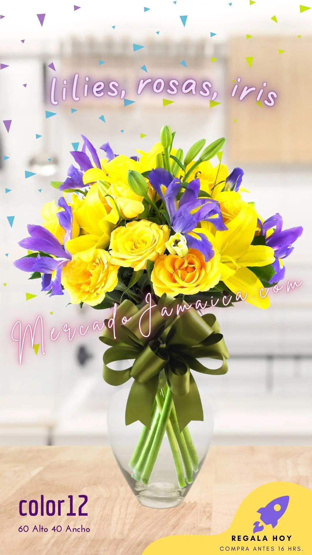 35 Flores en vibrante arreglo floral con iris y lilies