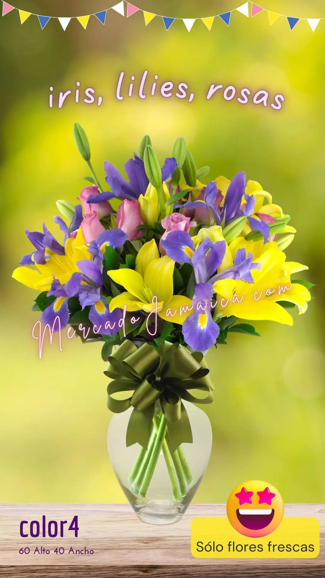 35 flores arreglo con iris, rosas y lilies