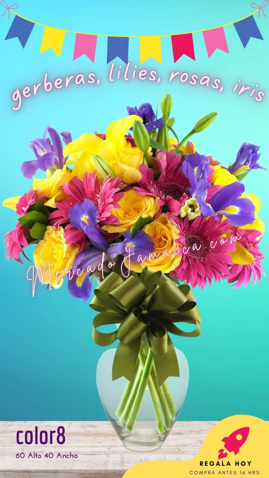 43 Flores arreglo con rosas e iris azul frestivo