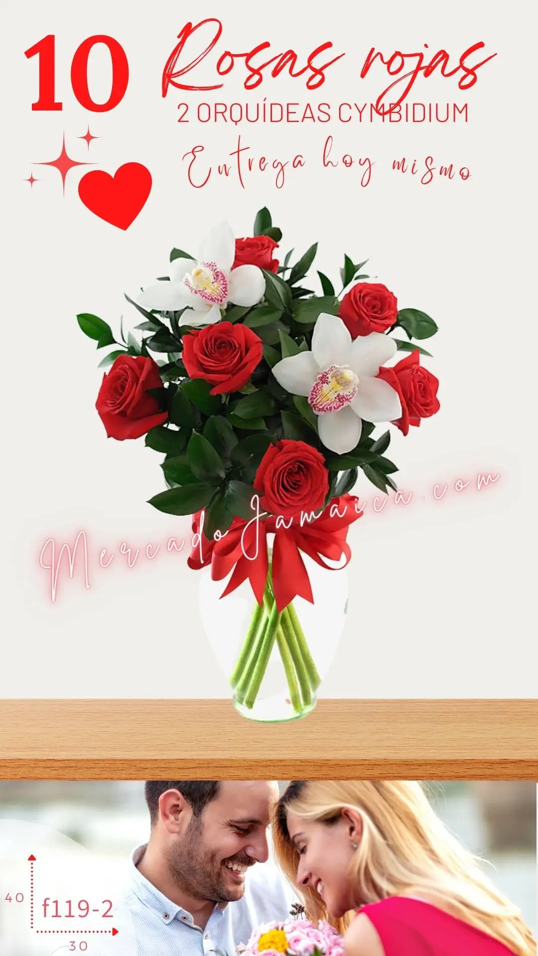 10 Rosas Rojas con 2 Orquídeas Cymbidium
