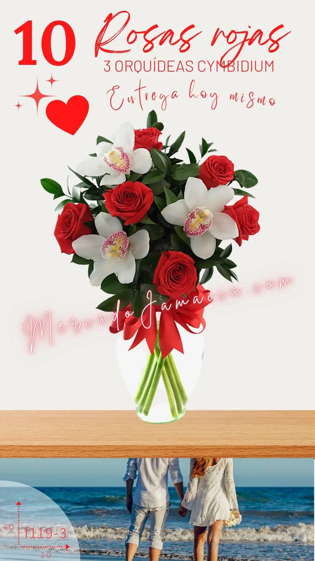 10 Rosas Rojas con 3 Orquídeas Cymbidium