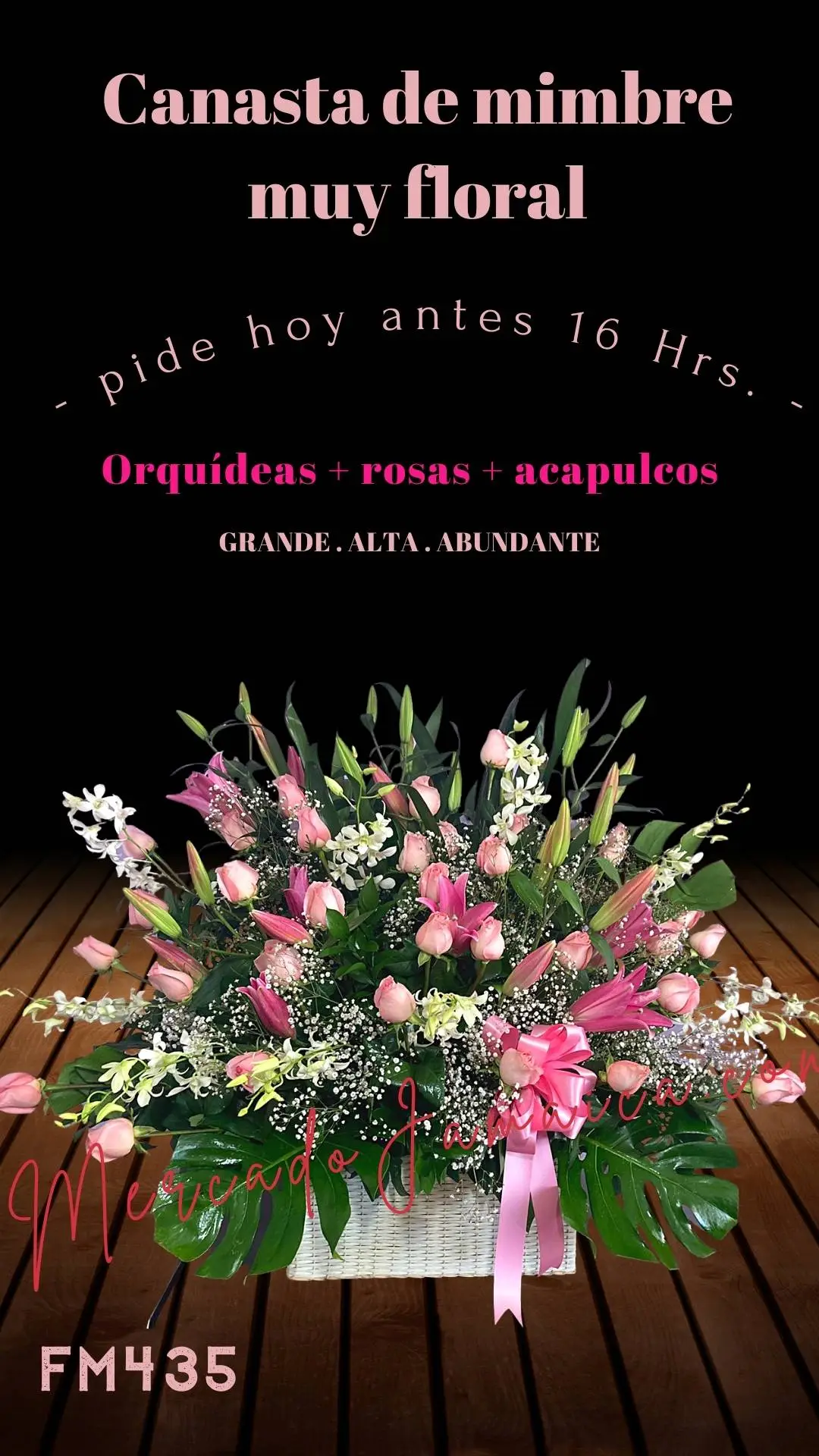 canasta de flores acapulcos y rosas color rosa