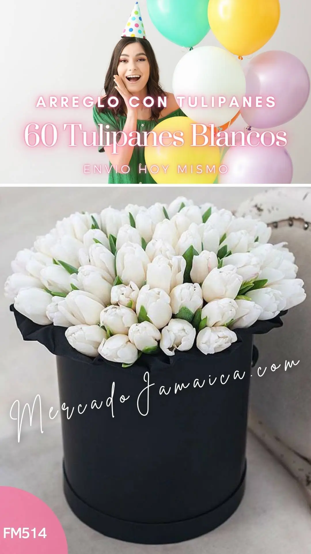 Caja con 60 tulipanes blancos