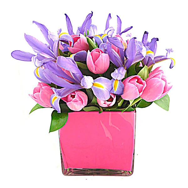 Arreglos con Tulipanes Rosa e Iris en Cubo !