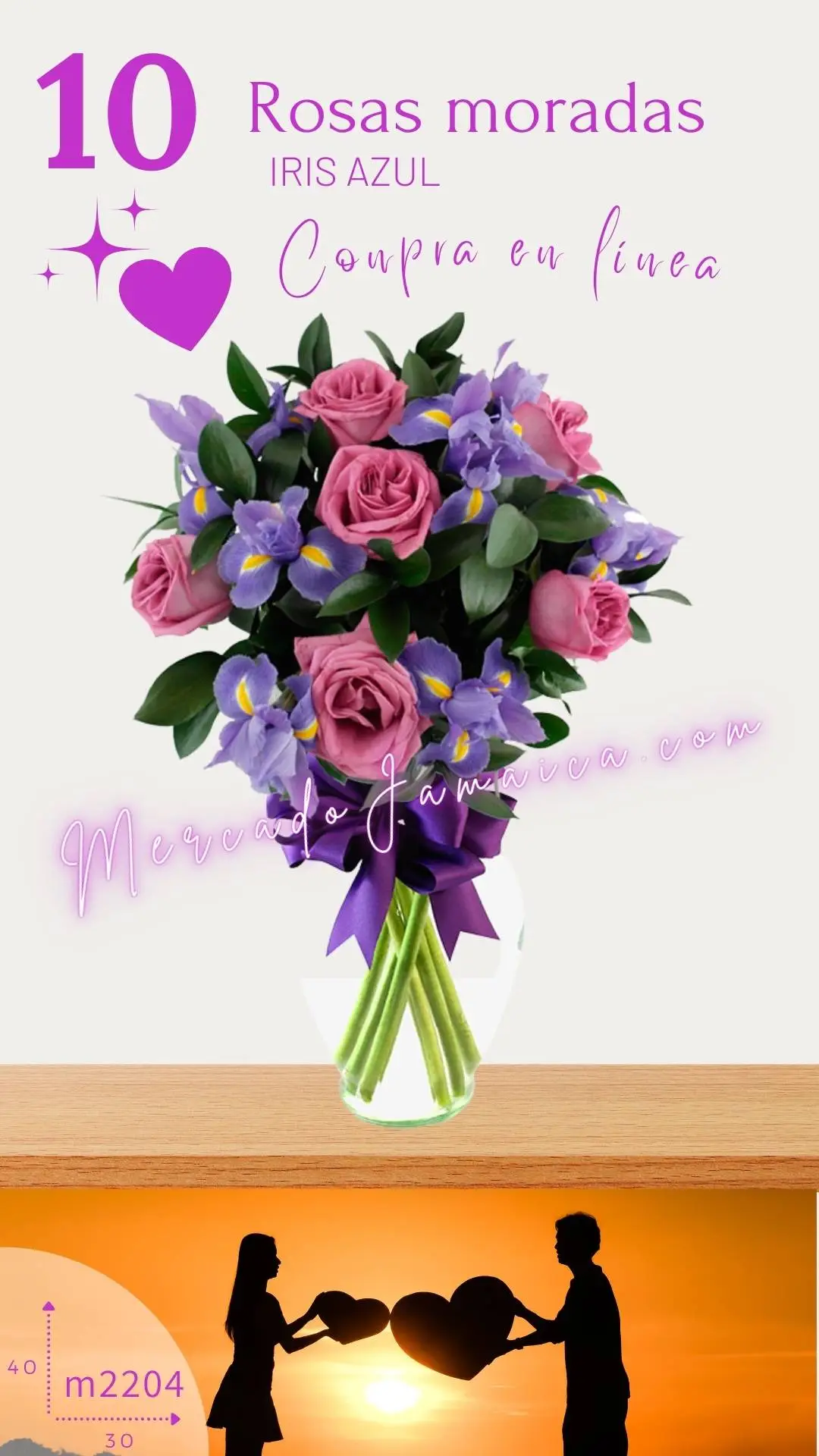Arreglo Floral con 10 Rosas Moradas con Iris Azul