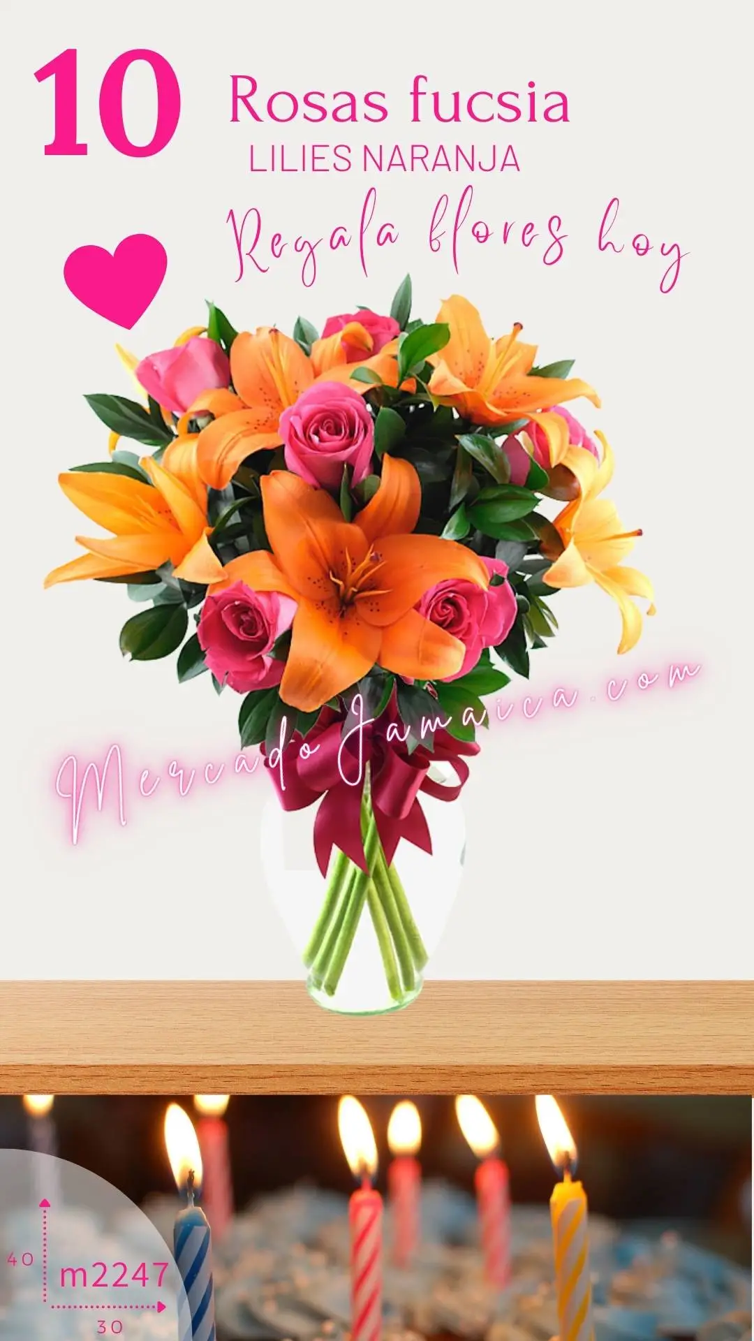 10 Rosas Fucsia con Lilies Naranja