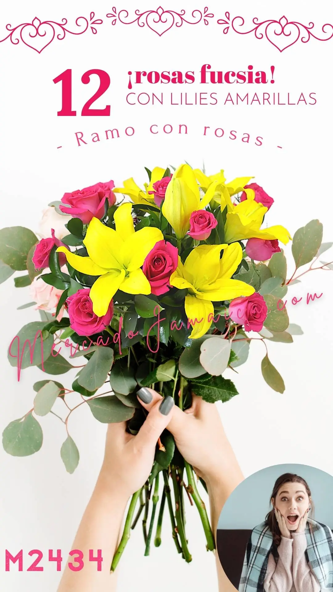 12 Rosas Fucsia con Lilies Amarillas