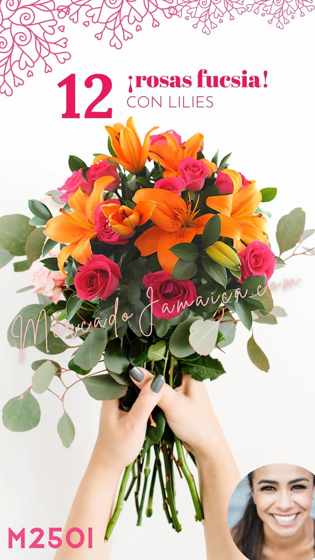 12 Rosas Fucsia con Lilies Naranja