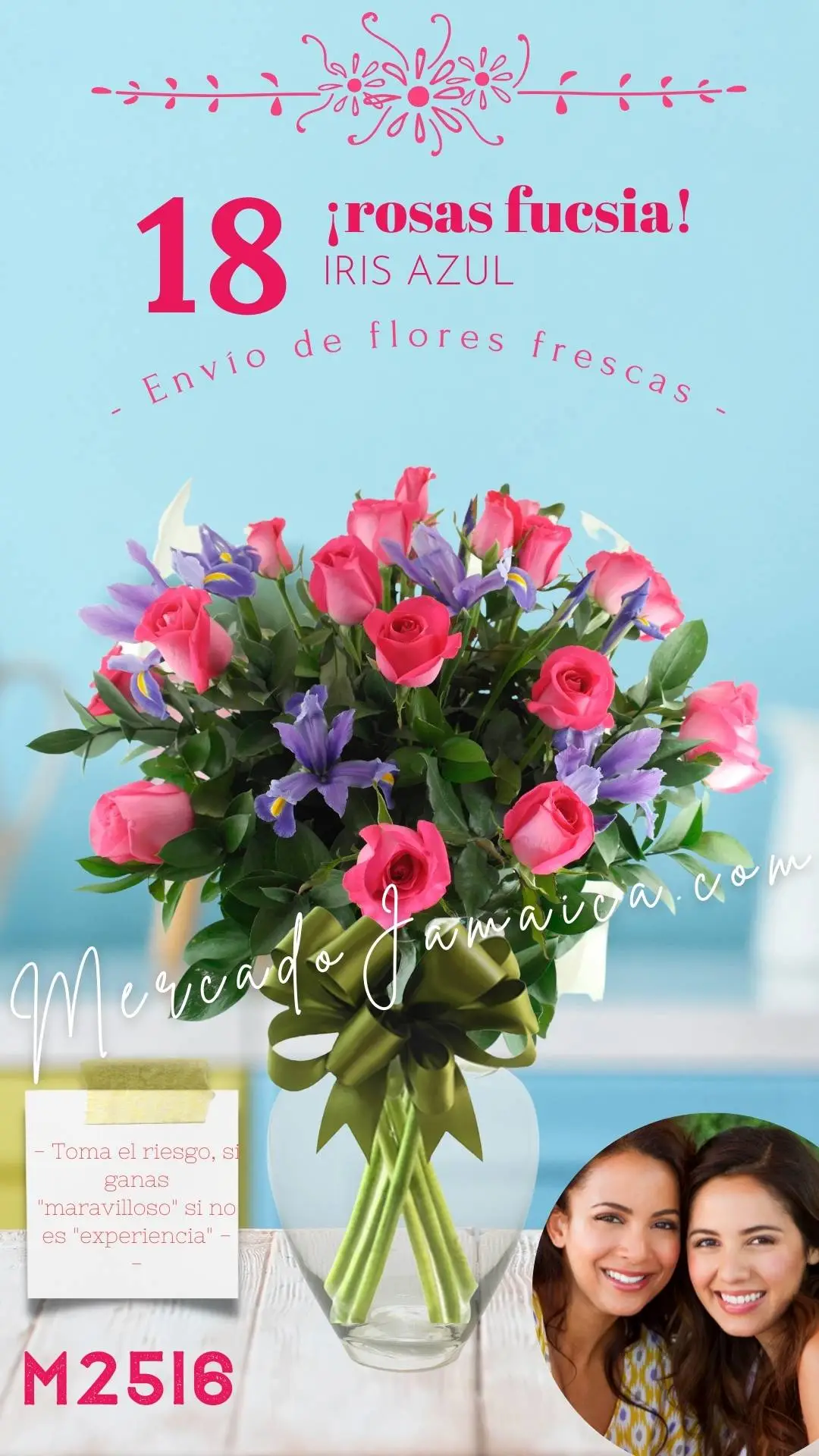 18 Rosas Fucsia con Iris Azul