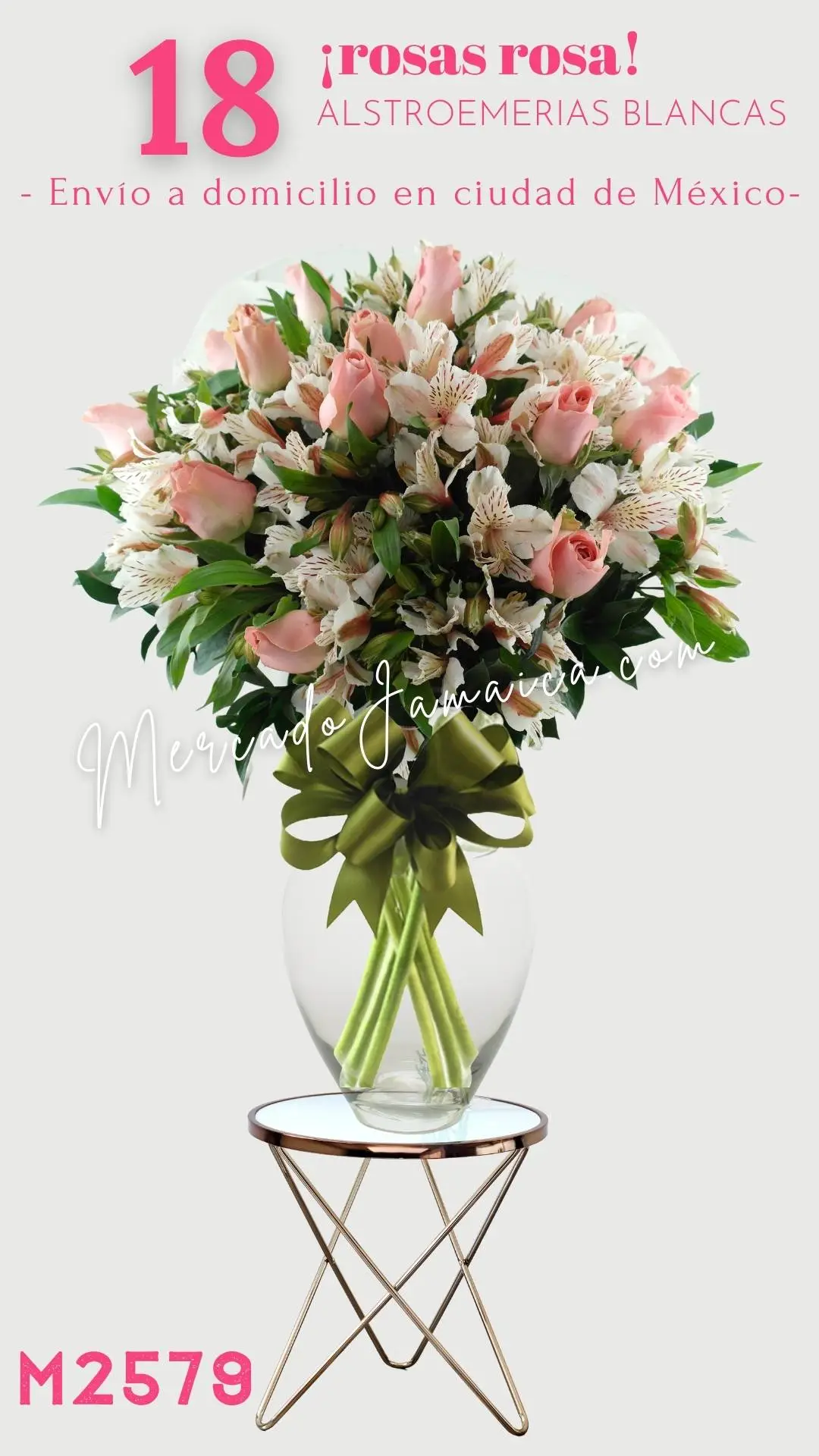 18 Rosas Color Rosa con Alstroemerias Blancas