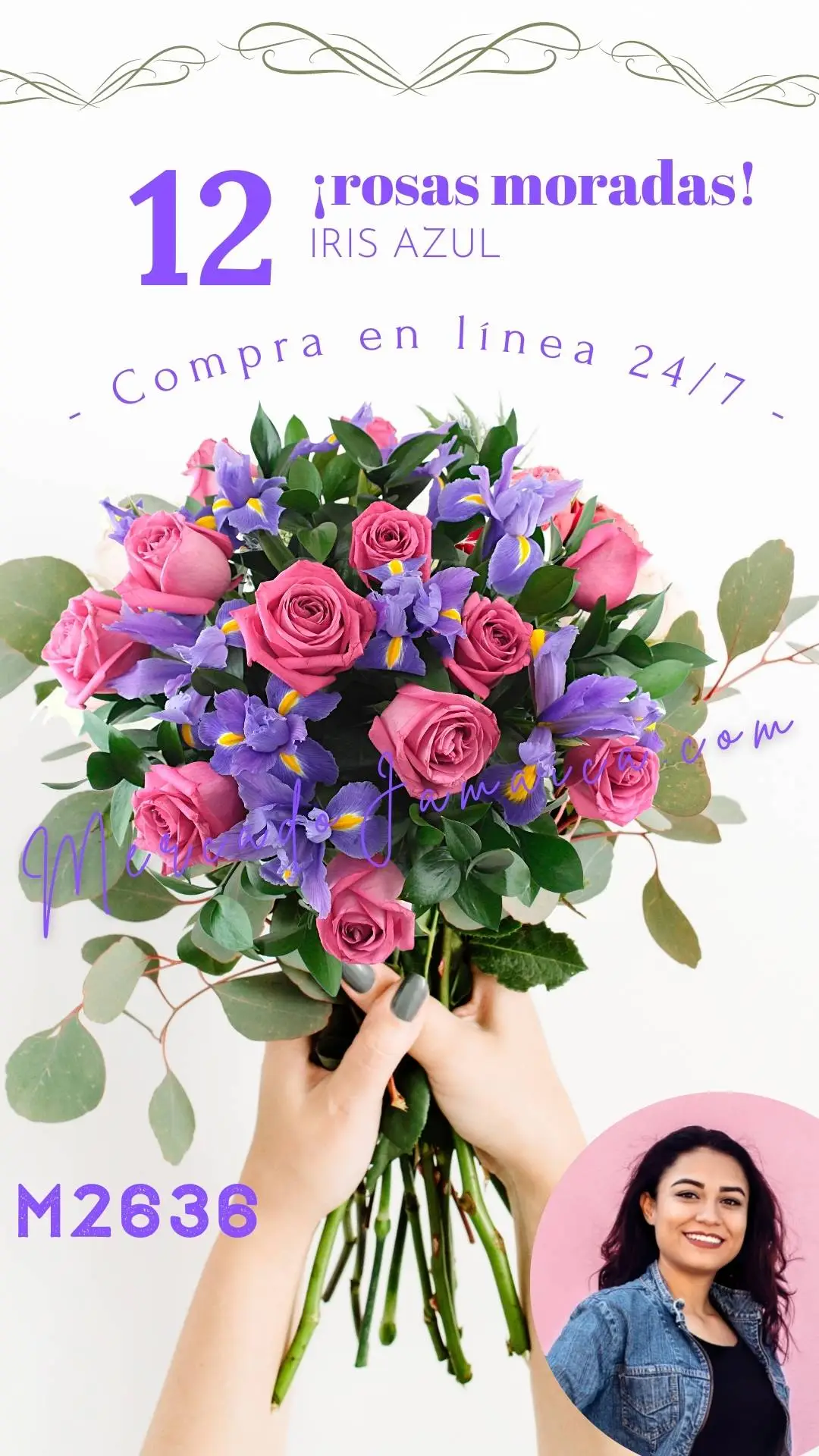 12 Rosas Moradas con Iris Azul