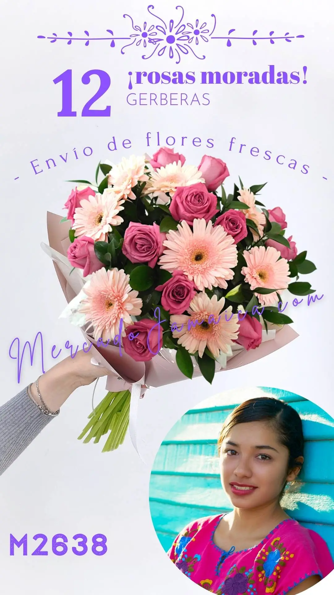 12 Rosas Moradas con Gerberas Rosa