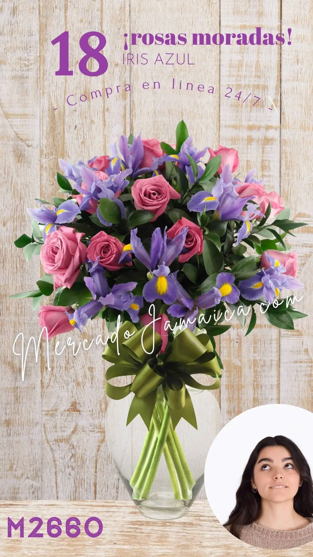 18 Rosas Moradas con Iris Azul