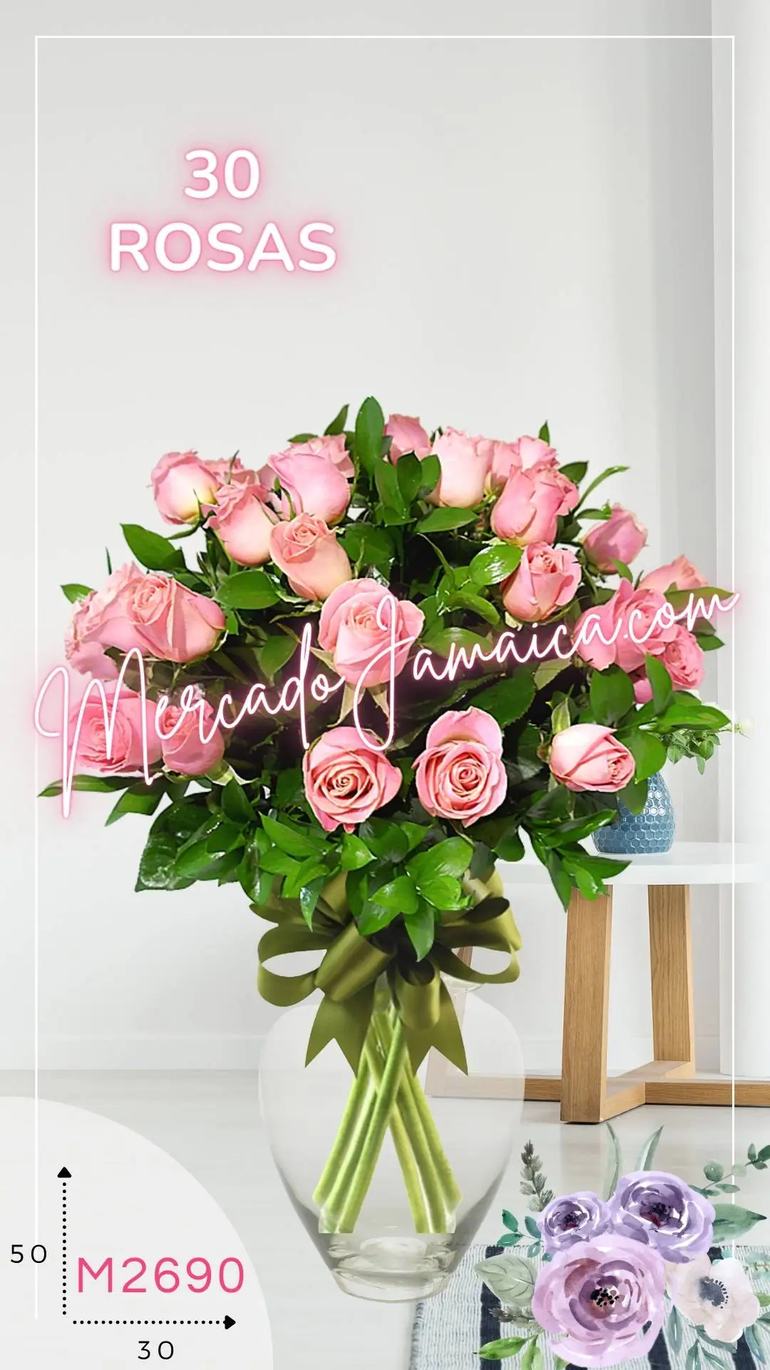 Arreglo floral con 30 Rosas Rosa