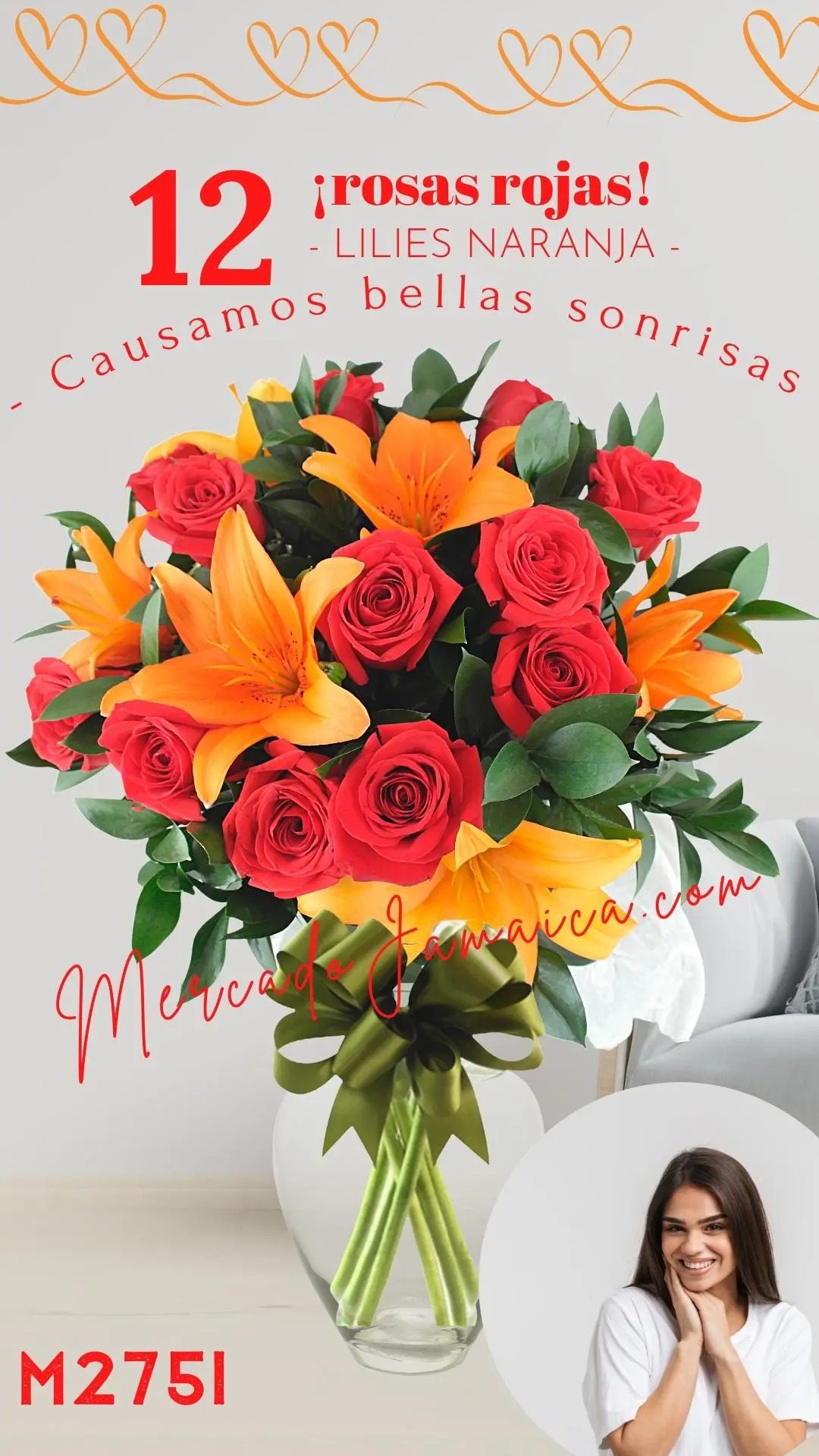 12 Rosas Rojas con Lilies Naranja