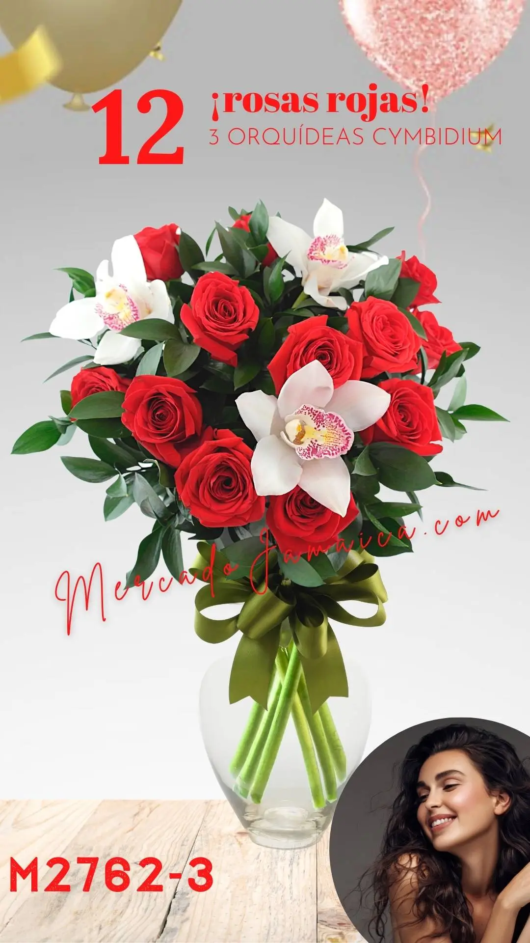 12 Rosas Rojas con 3 Orquídeas Cymbidium