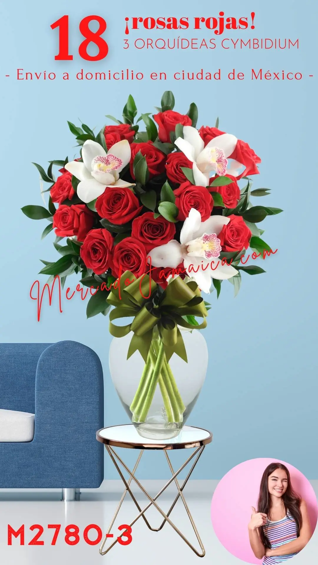 18 Rosas Rojas con 3 Orquídeas Cymbidium