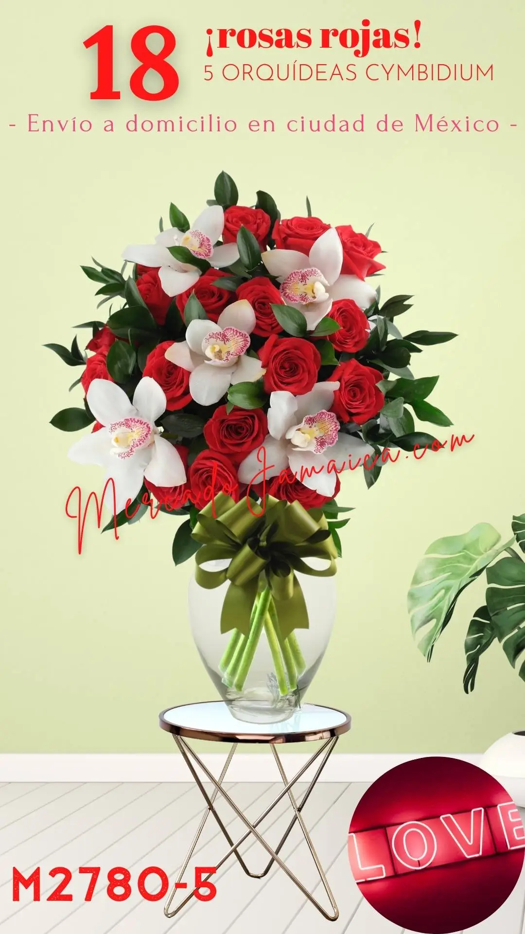 18 Rosas Rojas con 5 Orquídeas Cymbidium