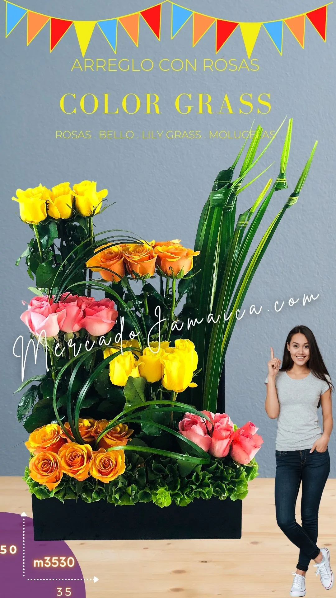 Arreglo con rosas color grass 35×50 Cms . 3 Colores . diseño floral . cumpleaños . mamá