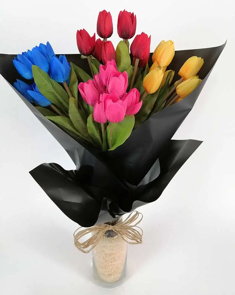 Artificiales con Tulipanes Colores en Base de Cristal