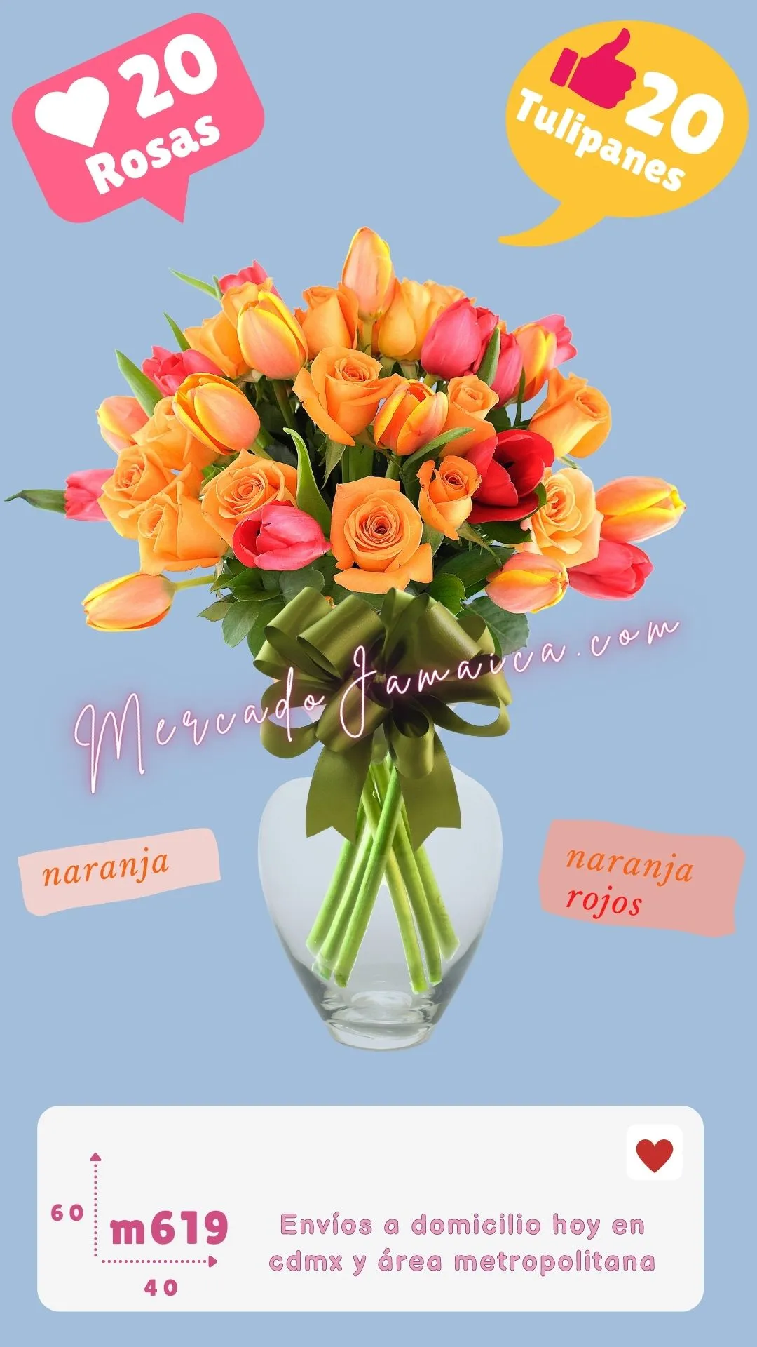 Arreglo con tulipanes naranja y rosas venus