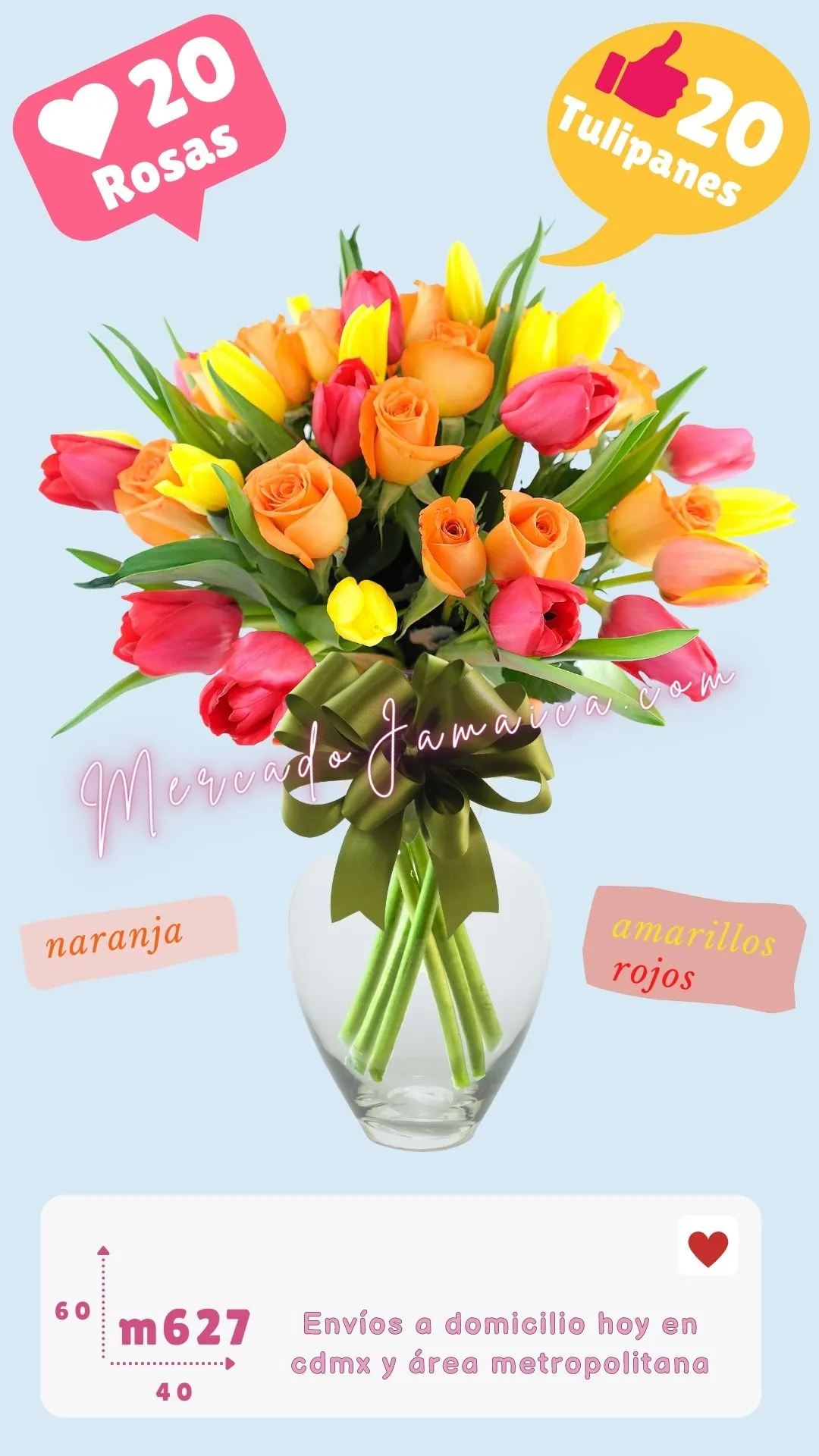 Arreglo de rosas naranja y tulipanes gran color