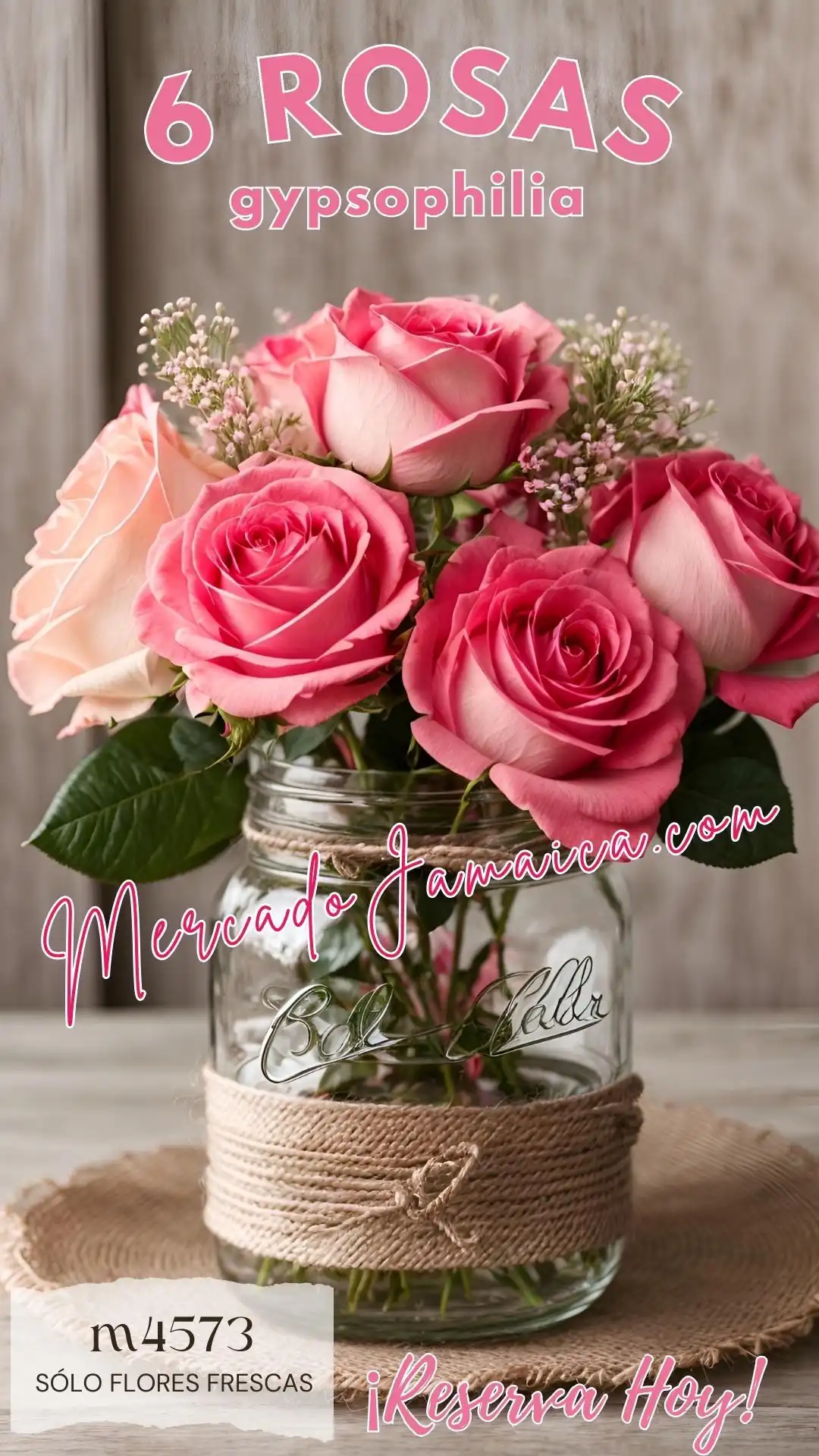 Mason jar centro mesa 6 rosas rosa